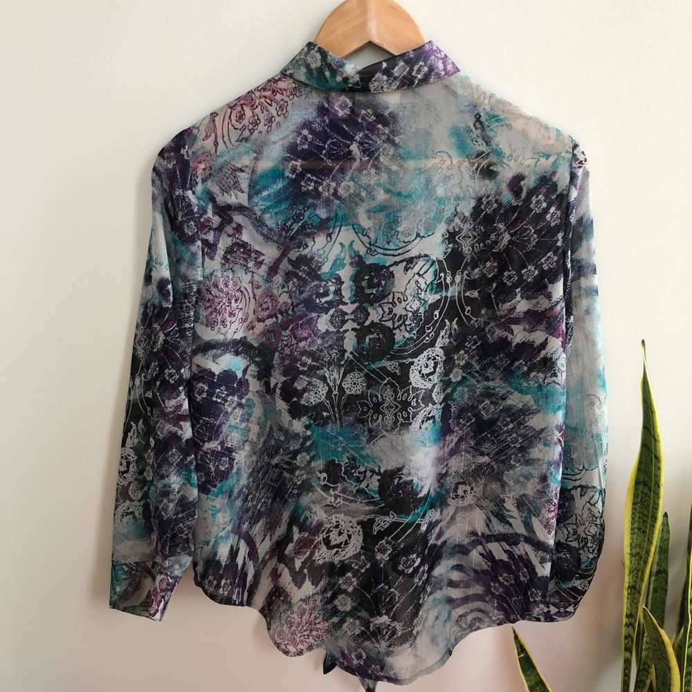 Chicos Long Sleeve Top Button Down Sheer Paisley - Picture 5 of 8